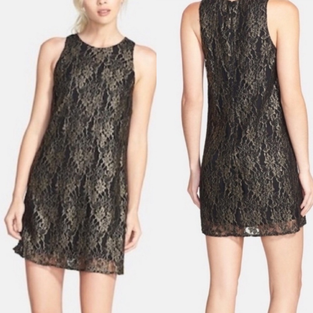 ASTR Black and Gold Lace Shift Dress, NWT, M
